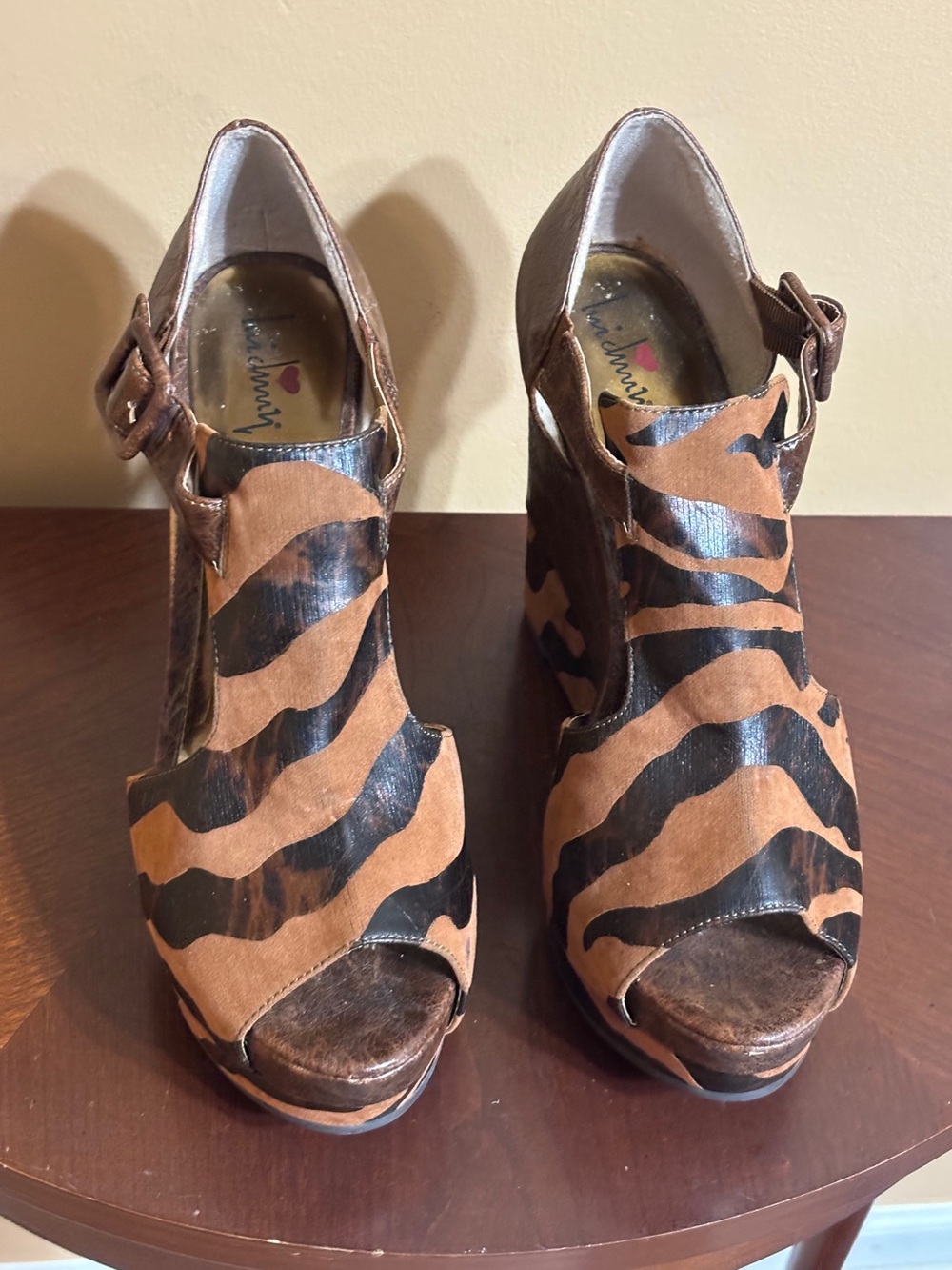 Suede Tiger-Print Peep-Toe Platform Heels - Brown